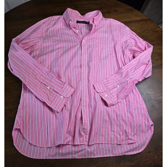 Polo Ralph Lauren Shirt Men’s Large Pink White Striped Button Down Blue Pony - Picture 1 of 9